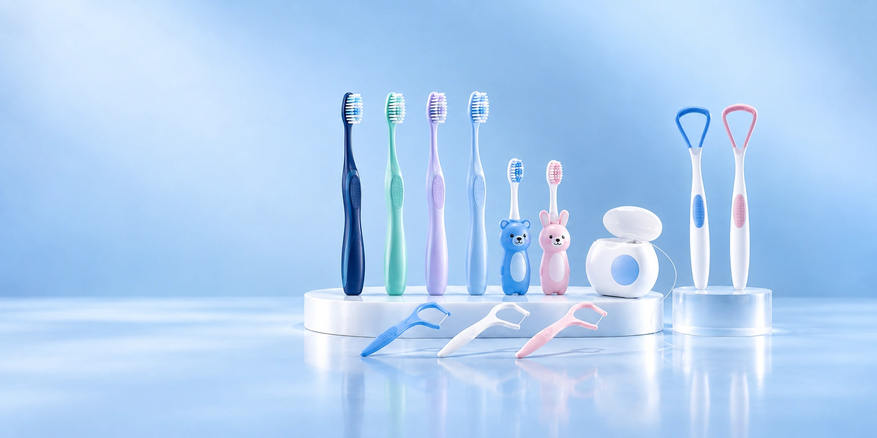 Adult and children’s toothbrushes, dental floss, floss picks and tongue cleaners